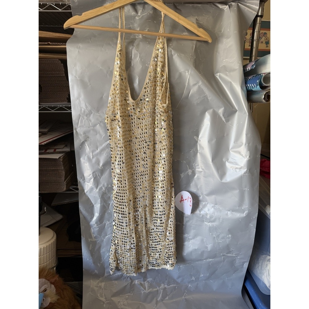 Retrofête Sequin Mini Dress XS/S V-Neck Sleeveless Viscose Gold Sparkly